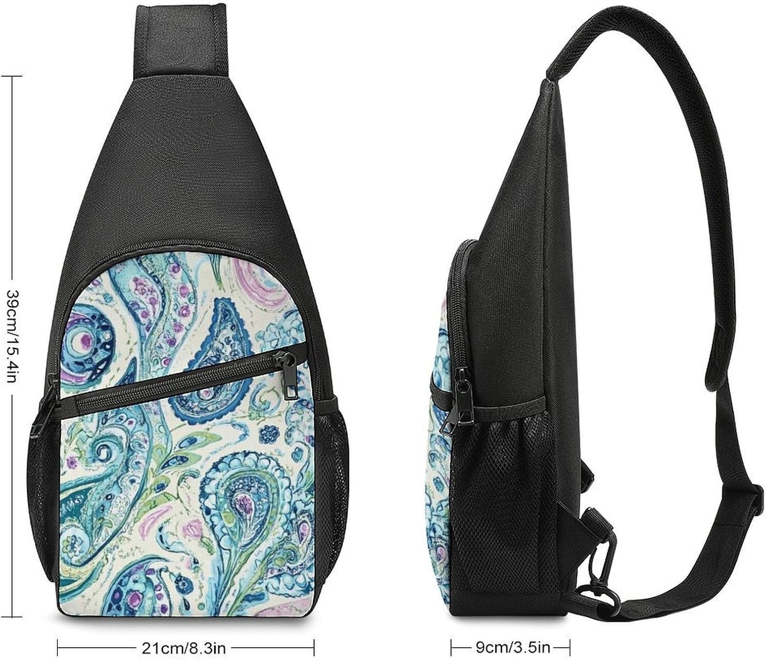 Paisley Pattern Blue Green Crossbody Sling Backpack Chest Bag Daypack | unisex,trendy,with convertible and detachable shoulder strap,side pockets
