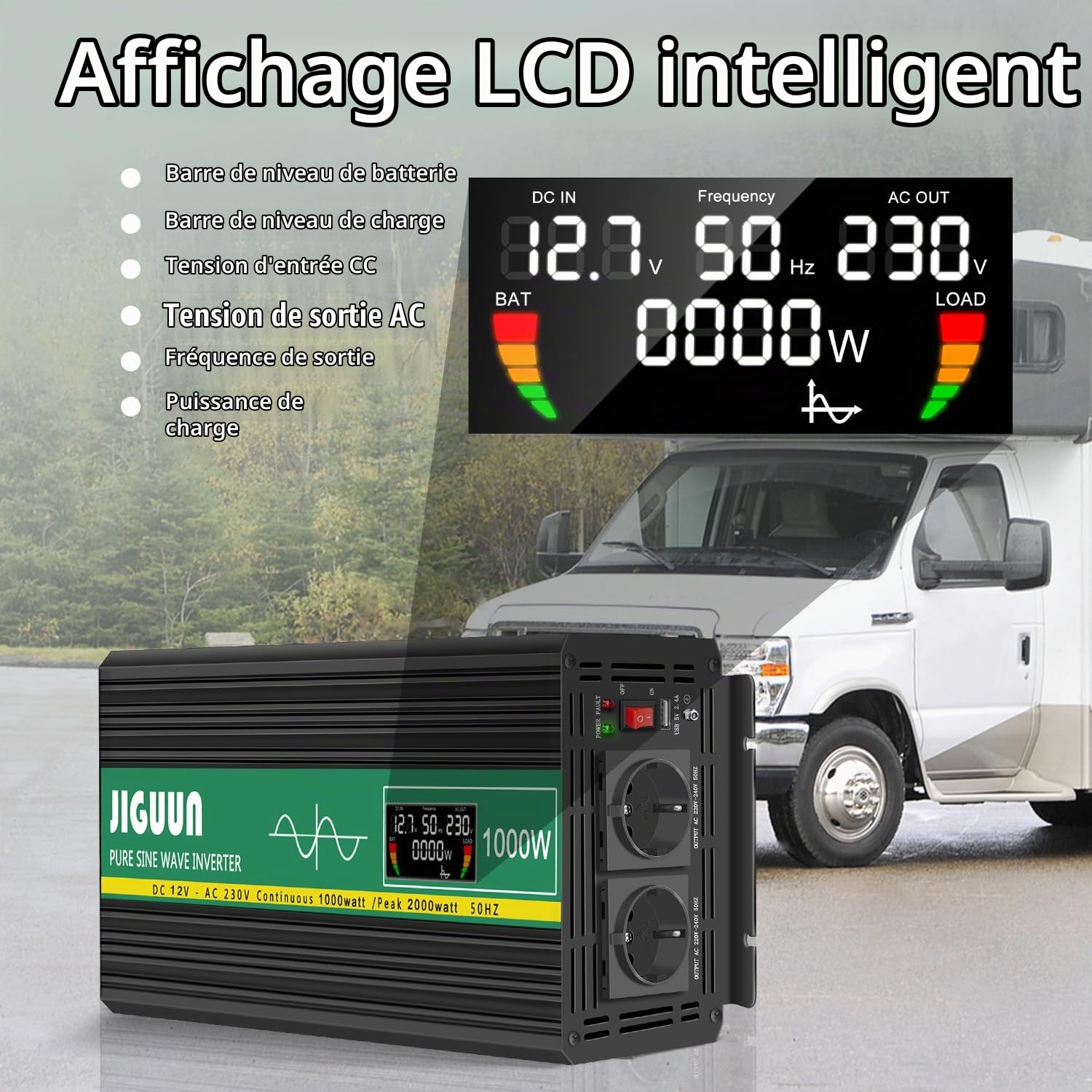 JIGUUN 1000W Convertisseur 12V 220V Pur Sinus Onduleur transformateur Puissance crête 2000W avec Télécommande sans Fil Écran LCD 2 Prises EU 1 Port USB pour Voiture Camping Voyage Urgence