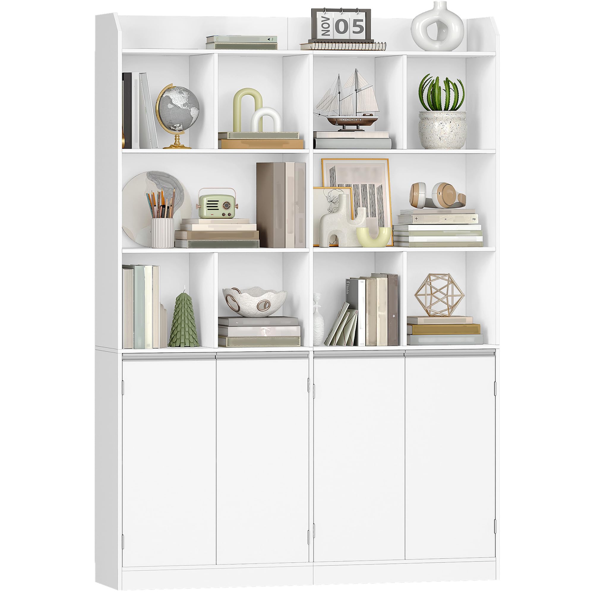 Hzuaneri Bücherregal 10 Fächer 4 Türen Standregal, 30 x 120 x 180 cm, Weiß | freistehend, 4-türiger Unterschrank, Aufbewahrungsregal, für Wohnzimmer Büro Schlafzimmer, BC46503X