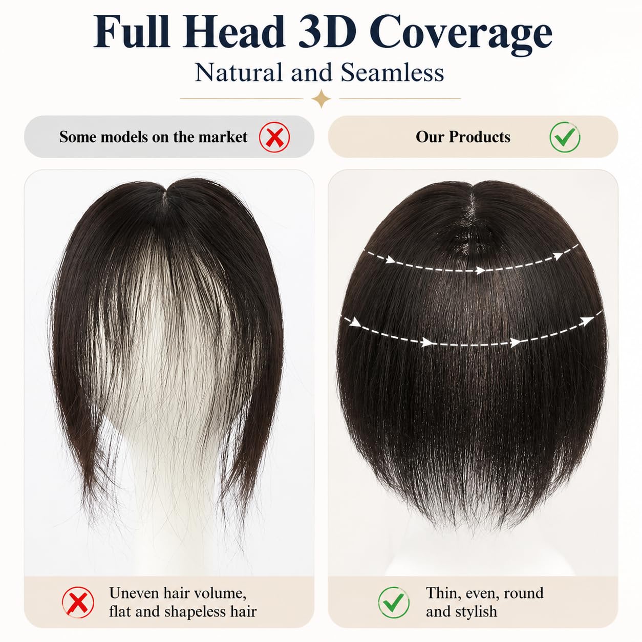 Condition photo showing New/Like New for no edge design human hair topper 10" clip in 3d french bangs full volume borderless lace hairpiece for thinning hair free parting (full lace-brown no bangs)
