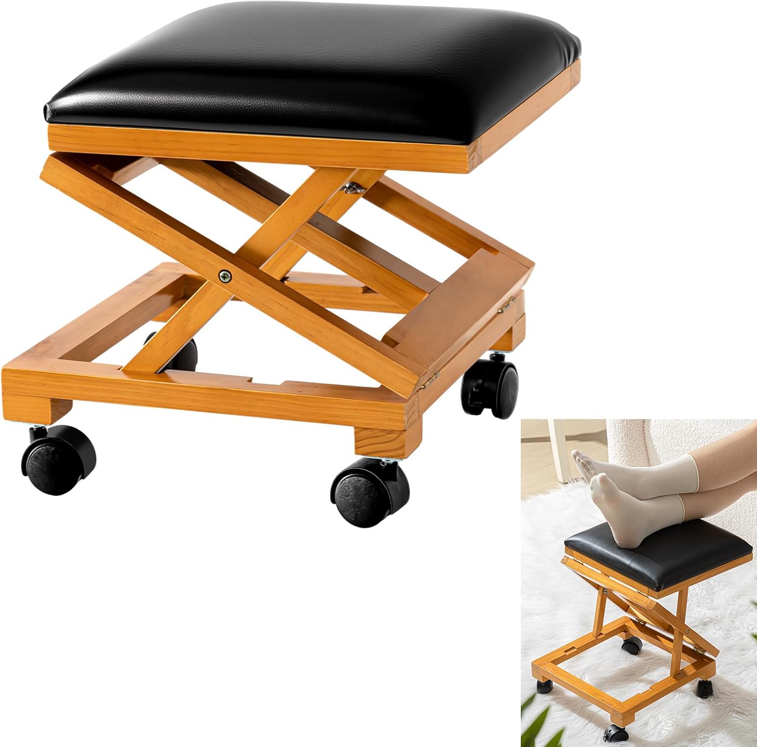 1 Pack Rolling Adjustable Foot Rest Foldable Under Desk Ottoman with Wheels Leather Foldaway Guitar Foot Stool for Home Office Living Room Bedroom