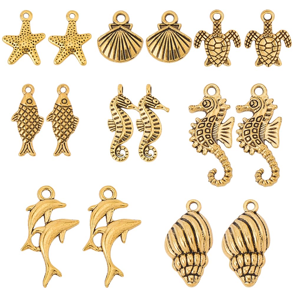SUNNYCLUE 1 Box 64Pcs 8 Styles Gold Sea Animal Charms Metal Shell Charm Tibetan Alloy Vintage Summer Ocean Animals Turtle Dolphin Dangle Pendants for Jewellery Making Supplies DIY Crafts Necklace