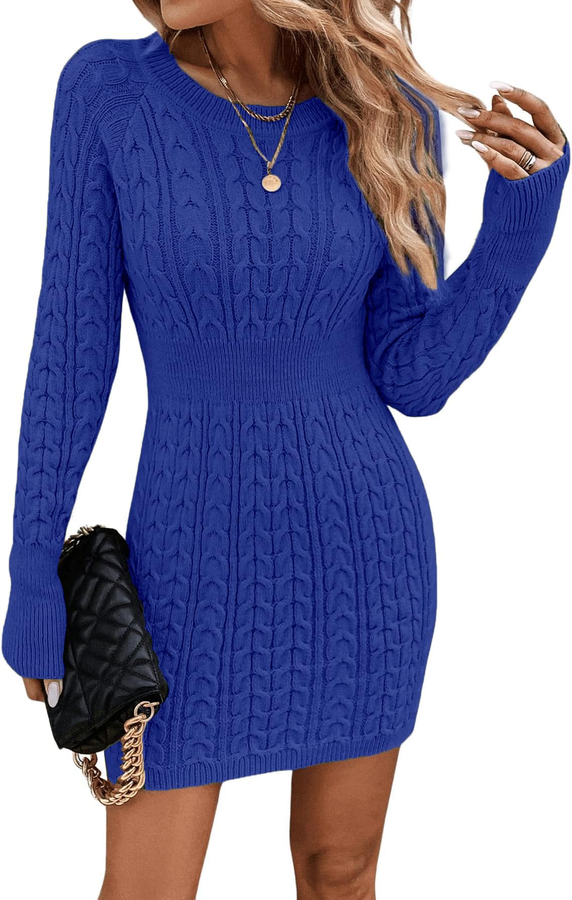 ELFIN Robe en Tricot Moulante pour Femme - Élégante Robe d'automne et d'hiver - Col Rond - Manches Longues - Robe décontractée - Mini Robe Sexy en Tricot