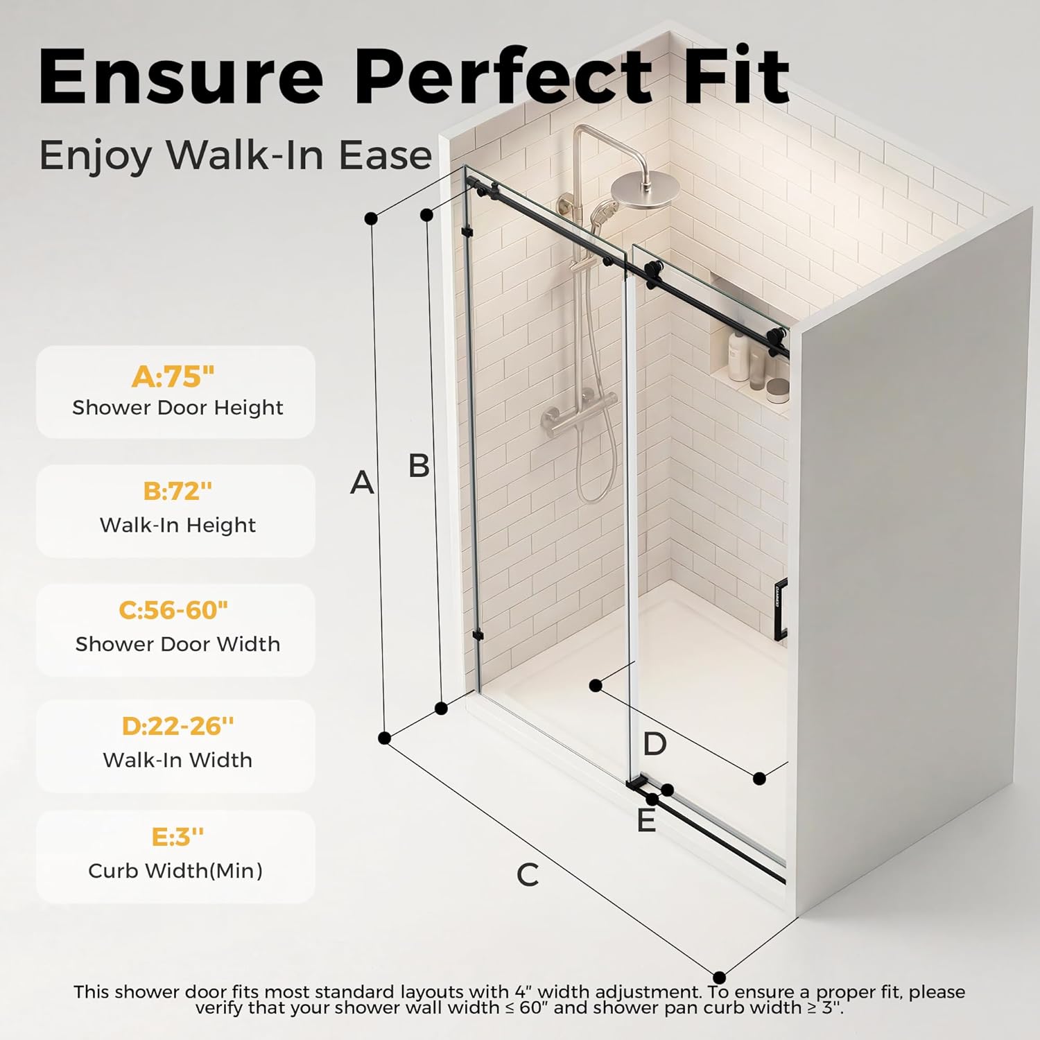 CAMMOO 56-60" W x 75" H Frameless Shower Door, Magnetic Sliding Glass Shower Door, 5/16"(8mm) Thick Tempered Glass, Leak-Proof Seals, Stainless Steel Hardware, Easy-Clean Nano Coating, Matte Black