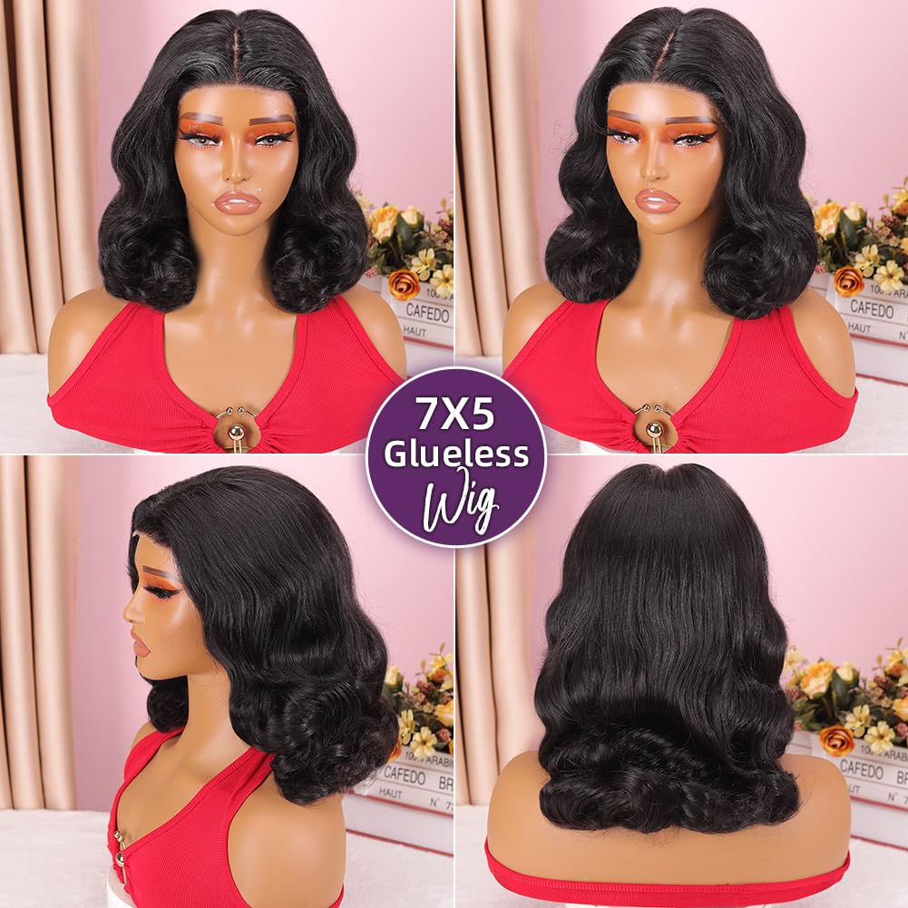 Amazon.com : Drawstring 7x5 Glueless Body Wave Bob Wig Human  display picture 3