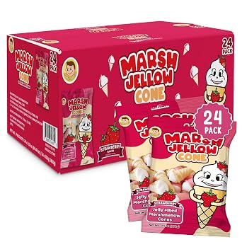 Josh Bosh Marsh Jellow Cone Candy, Strawberry 24-Pack Jelly Filled Marshmallow Cones, 3.53 Oz Ea