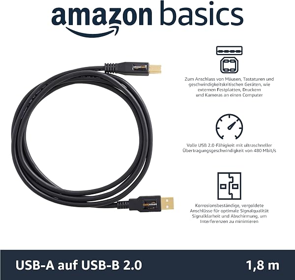 AmazonBasics USB-Kabel, USB-A auf USB-B-Stecker, USB 2.0, Anschlüsse vergoldet, 1.8 m, für Drucker - 2