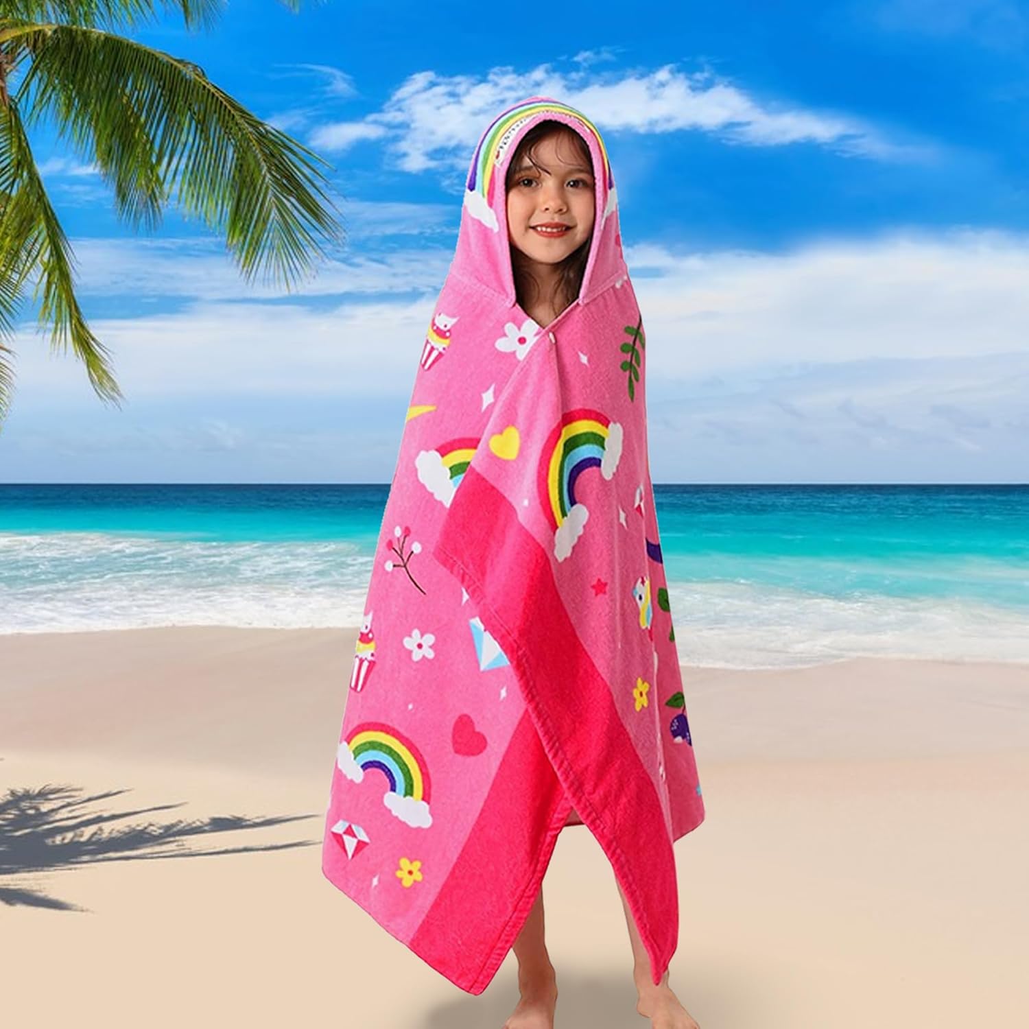 VOOVA & MOVAS Hooded Towels for Kids 3-8 Years, 30''X50, Soft Thick Cotton | Absorbent Beach, Bath, Pool Swim Towels | Cover up for Girls | Pink Floral Unicorn - Image 4