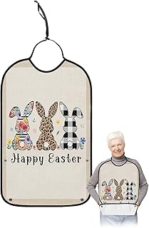 BOBOWUNY Spring Easter Adult Bibs for Elder Women Men Eating, Floral Cheetah Checkered Bunny Linen Texture Waterproof & Washable Bibs for Eating Clothing Protector Dining Bibs for Crumb Catcher