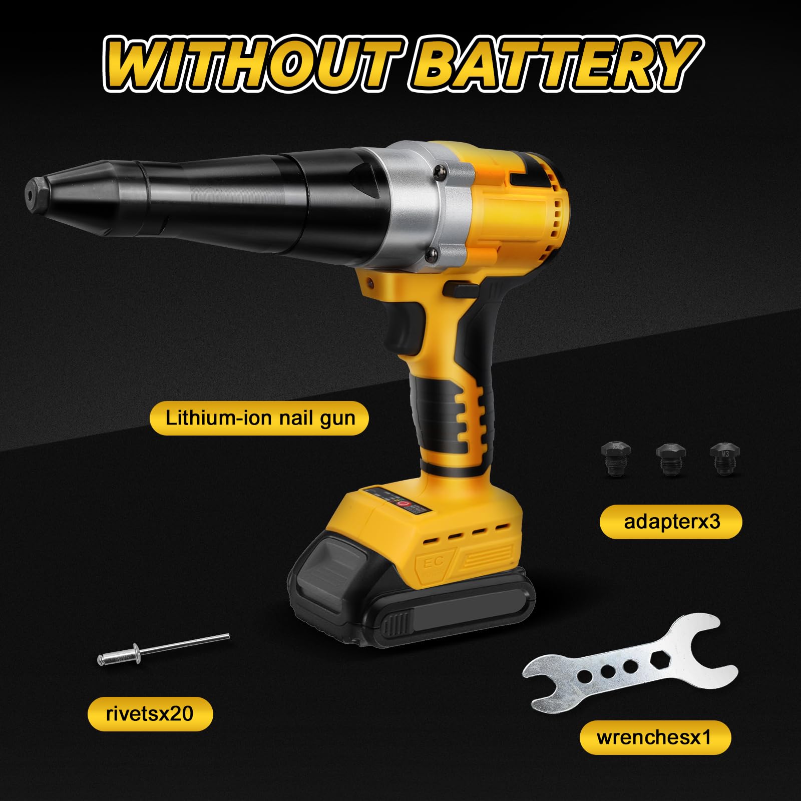 Draadloos klinknagelpistool compatibel met Dewalt 20 V batterij (geen batterij), professionele borstelloze elektrische klinknageltang met ledverlichting, 3 adapters, 60 klinknagels en sleutel Draadloos klinknagelpistool compatibel met Dewalt 20 V batterij (geen batterij), professionele borstelloze elektrische klinknageltang met ledverlichting, 3 adapters, 60 klinknagels en sleutel