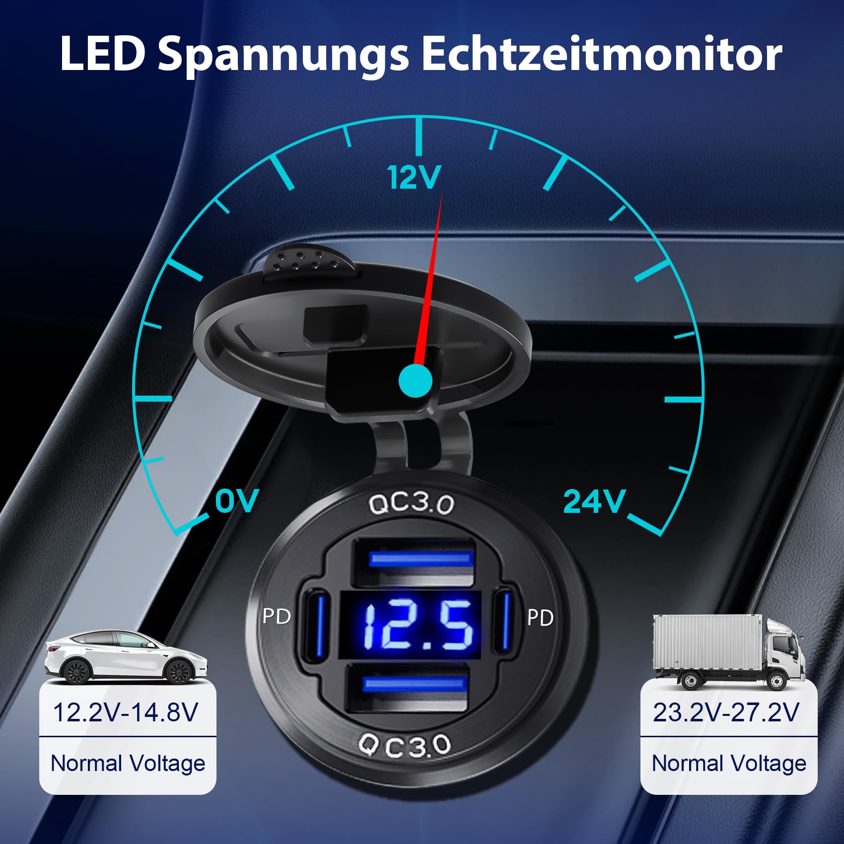 Daakro Gniazdo USB C 12 V, 78 W, 4 porty, aluminiowa ładowarka, moc, Dual PD 30 W i Dual QC 18 W, 12 V, podtynkowe USB z woltomierzem LED, zapalniczką samochodową, wtyczką do kampera, łodzi