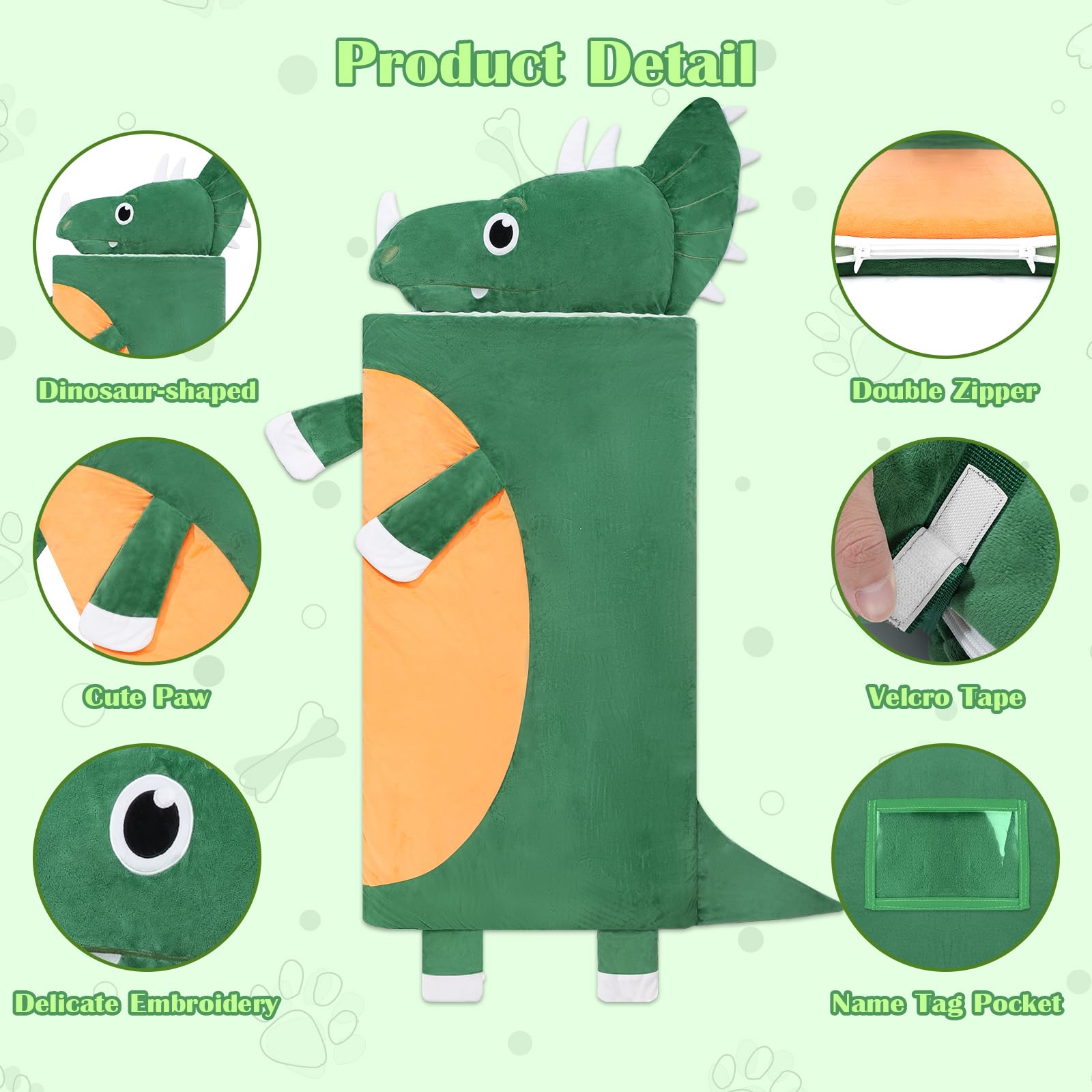 Kids Sleeping Bag with Pillow,Nap Mat for Toddler Boys Girls,Warm Plush Dinosaur Toddler Slumber Bag 170x70cm,Roll Up Large Kids Sleeping Mat with Double Zip for Bedroom Daycare Kindergarten,Green - Image 3