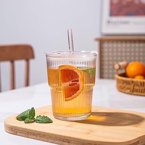 Miniatura 4 de Vaso de vidrio para café helado de 13 onzas13.5 fl oz, taza de vidrio de agua de pared gruesa, taza de té con popote y tapa sellada para llevar