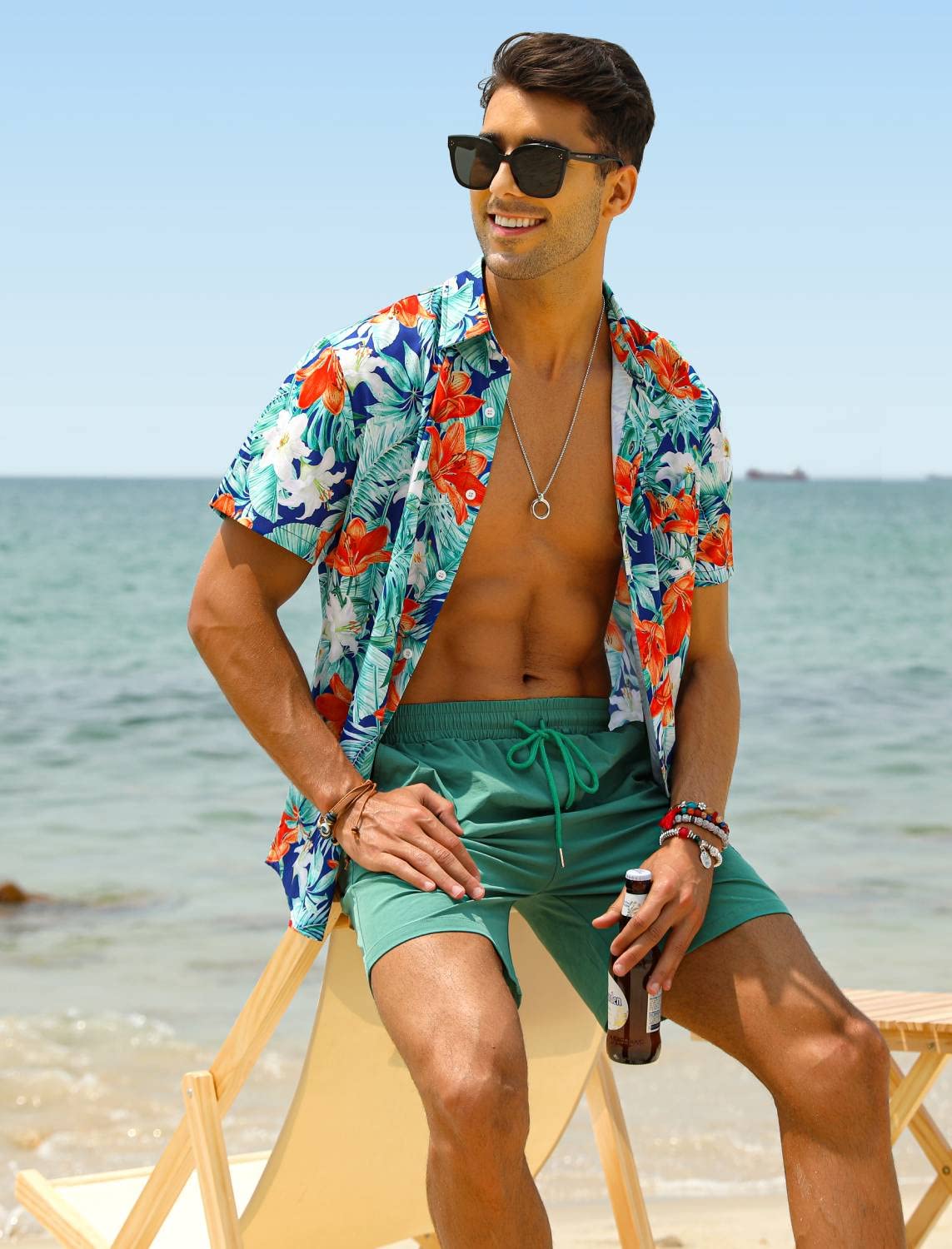 EISHOPEER Herren-Blumenhemd, Hawaii-Sets, lässig, Button-Down-Kurzarmhemd und solide, schnell trocknende Strand-Shorts, S-3XL