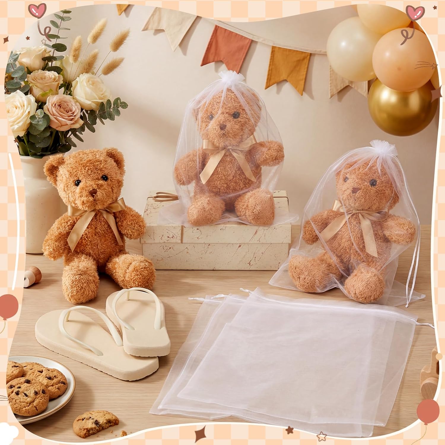 Lewtemi 8 Sets Funny Baby Shower Chancla Game Activities Baby Shower Bear Slipper Games Flip Flops Organza Bags How to Throw The Chancla at Dolls Babies Showers Game Gender Reveal