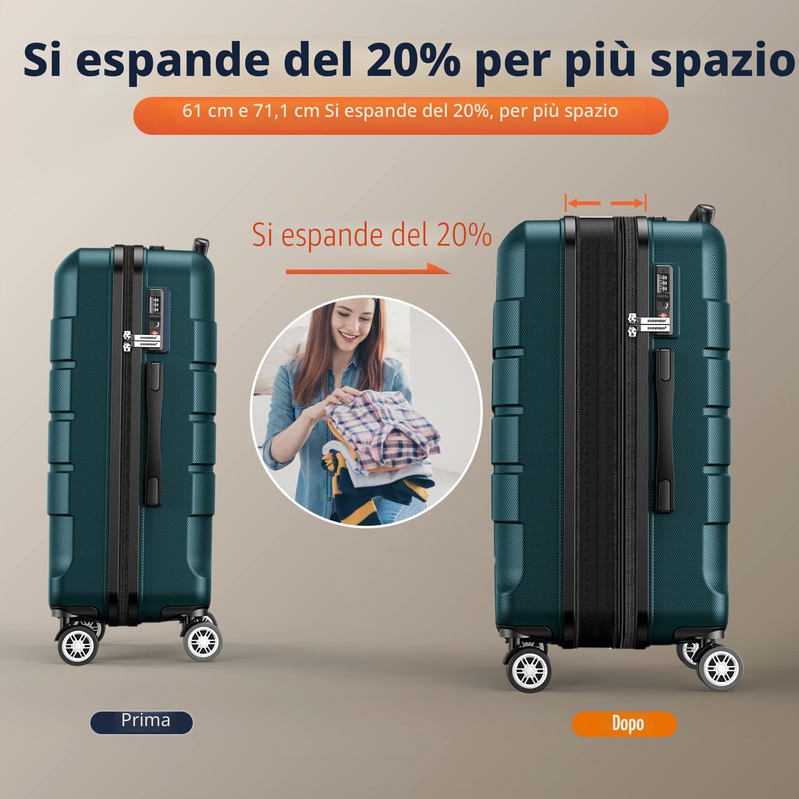 SHOWKOO Valigia Trolley Espandibile Ultra Leggero ABS+PC Durevole Valige Trolley da Viaggio con Chiusura TSA e 4 Ruote Doppie