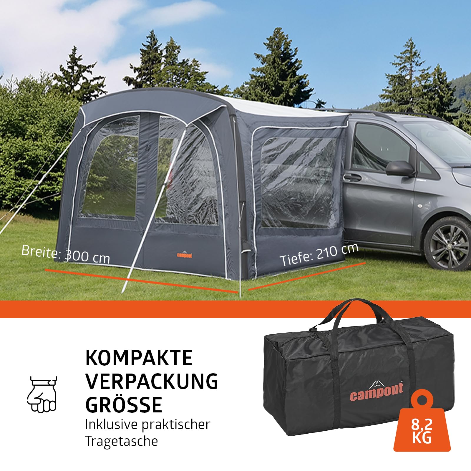 Campout Aufblasbares Busvorzelt für Campervan – 300 x 210 cm – 3000 mm Wassersäule – Anbauhöhe 180-210 cm – Aufbau in 15 Min – Inkl. Pumpe & Sturmabspannleinen