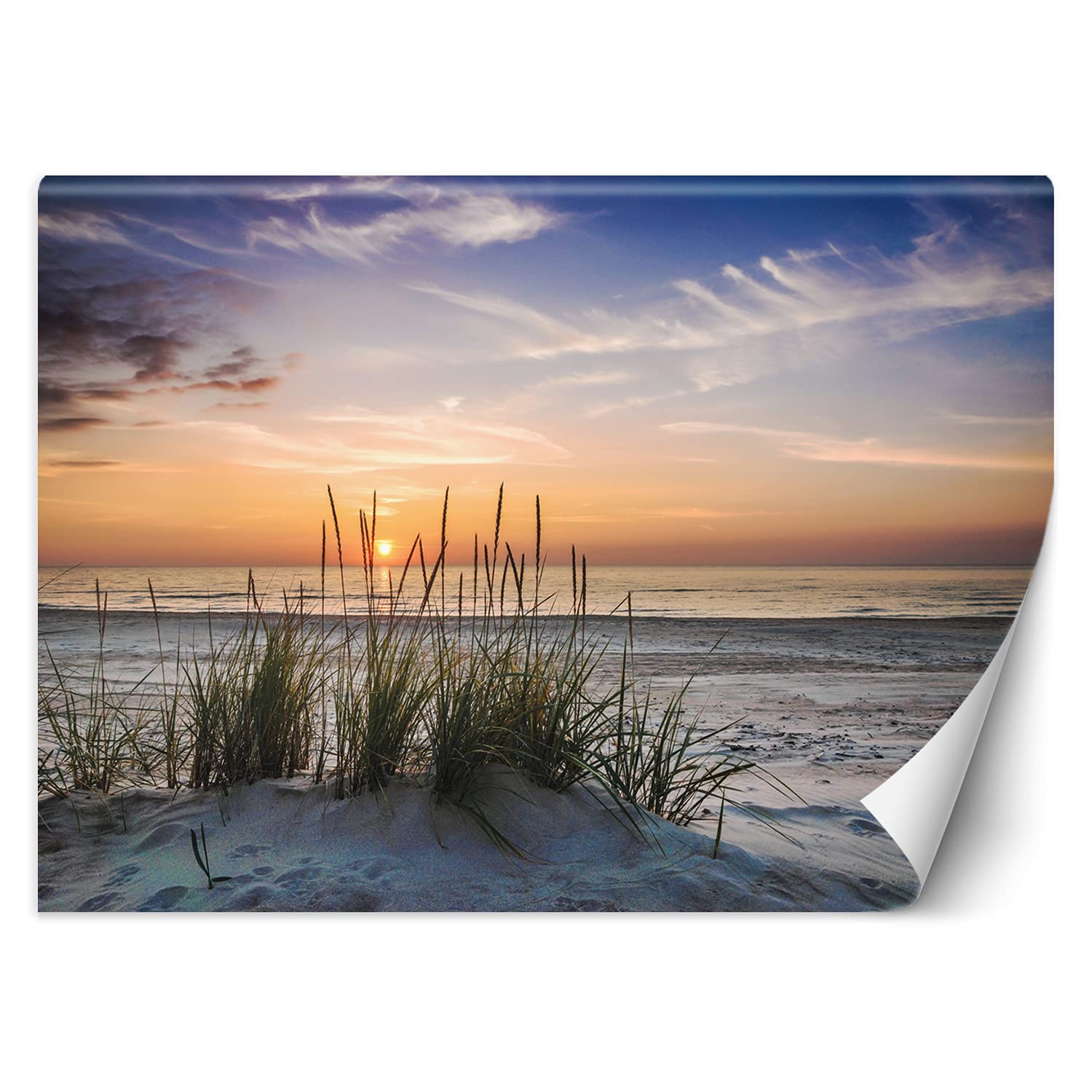Feeby Tapeta Flizelinowa Zachód Słońca Niebo 350x245 cm Pomarańczowy Dekoracja Ścienna XXL Fototapeta do Pokoju Salonu Sypialni Spa Hotelu Biura Plaża Kępa Trawy Morze