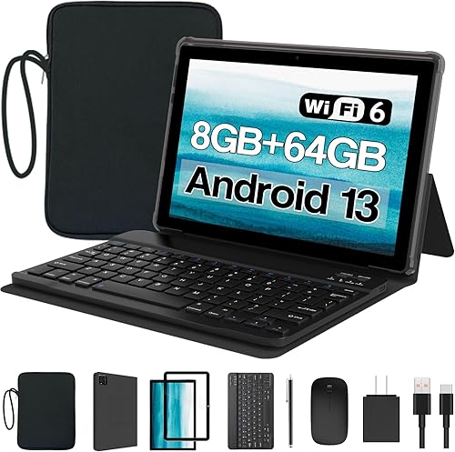 Tablet Android 13 2024, computadora de 10.1 pulgadas, tableta, tableta 2 en 1 con funda, 8 GB+64 GB+1 TB expandir, Wi-Fi 6  5G 6, BT5.0, pantalla