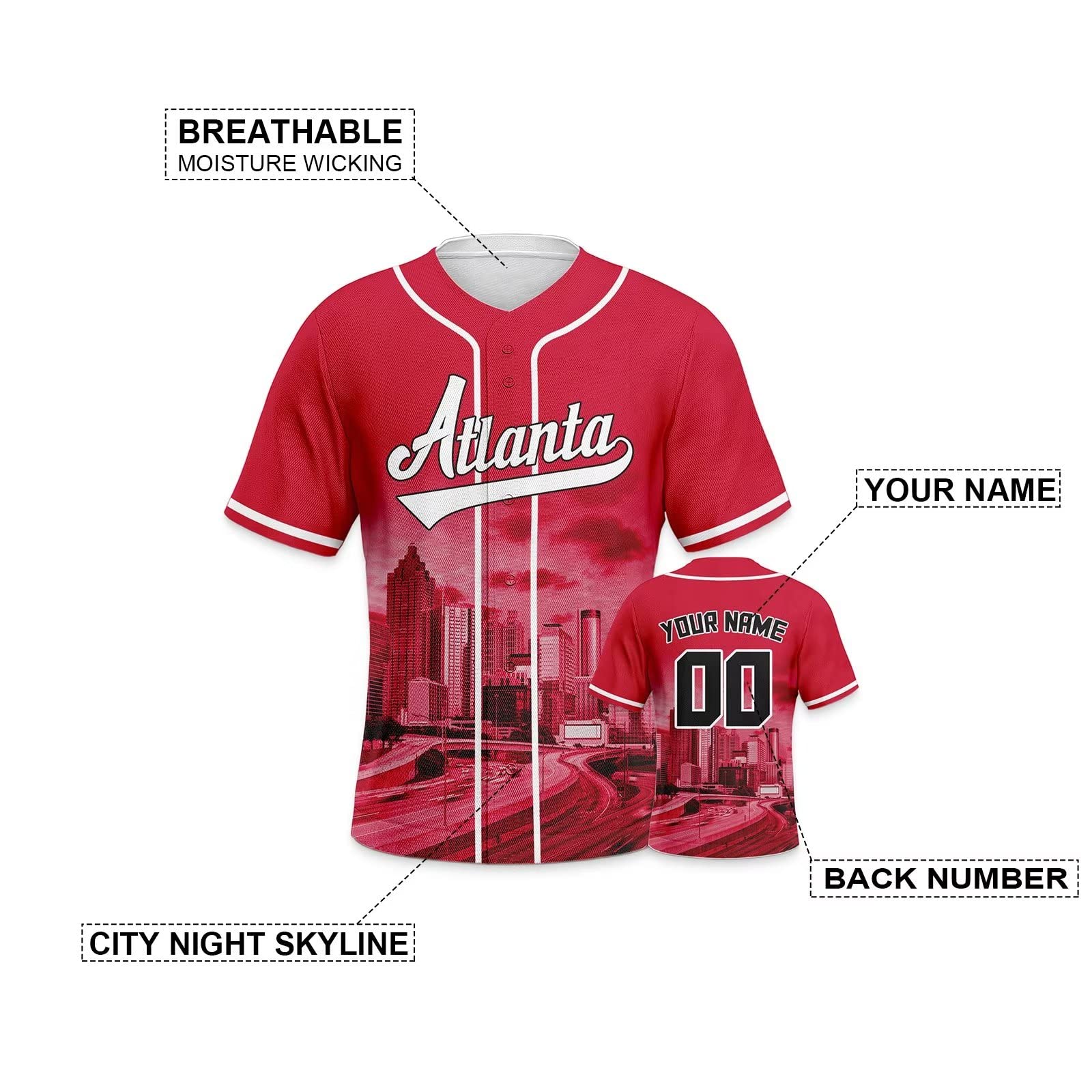 Custom Basketball City Night Skyline Baseball Jerseys Printed or Stitched Personalize Your Name& Number for Fans Gifts Jersey Men Women Youth S-5XL Red-White