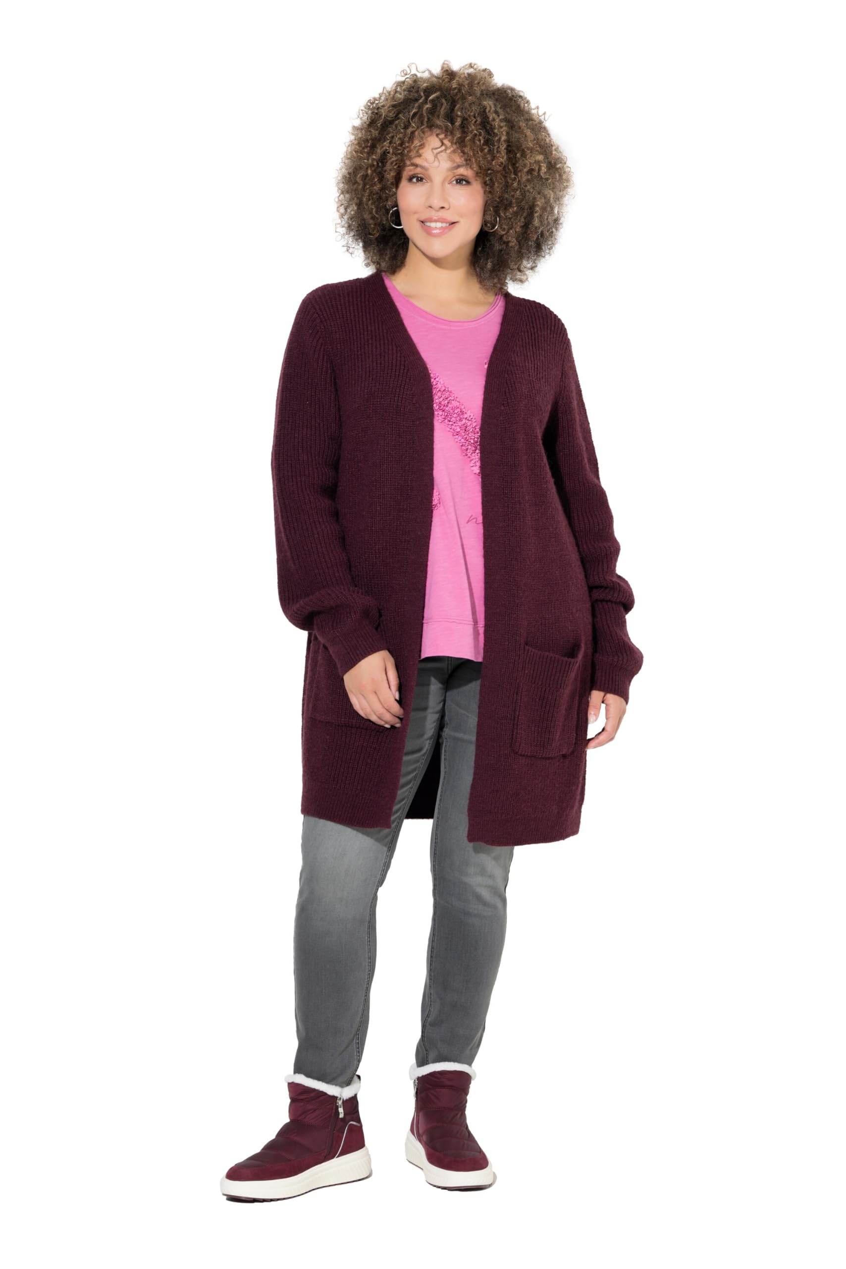 Ulla Popken Damen große Größen Übergrößen Plus Size Long-Strickjacke, Knopfverschluss, V-Ausschnitt, Langarm 844719