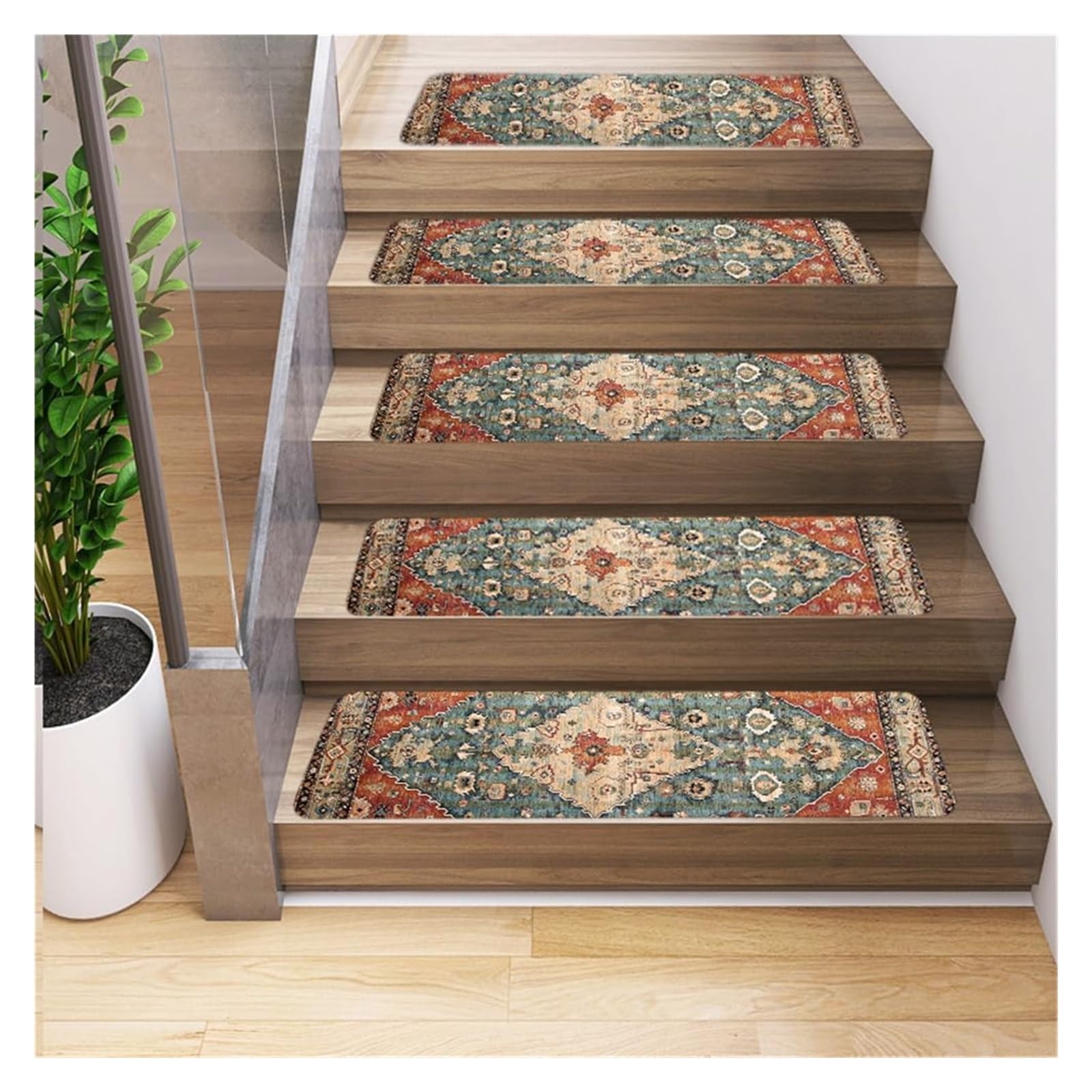 Treppenläufer-Teppich for Treppen, Treppenteppichläufer, 5er-Set, Rutschfester Treppenstufen-Teppich mit Gummirücken, 20,3 x 76,2 cm, Retro-Ethno-Geometrie(Red 3)