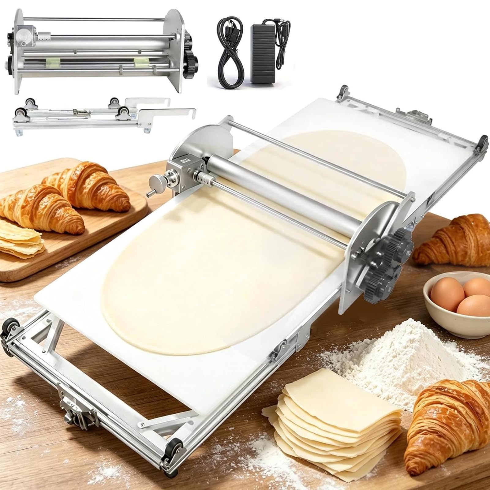 2026 Neu: Faltbare Teigausrollmaschine, Elektrische Teigausrollmaschine aus Edelstahl, Einstellbare Teigdicke 2-30mm, Dough Sheeter für Blätterteig, Mürbeteig, Croissant, Pasta di Zucchero