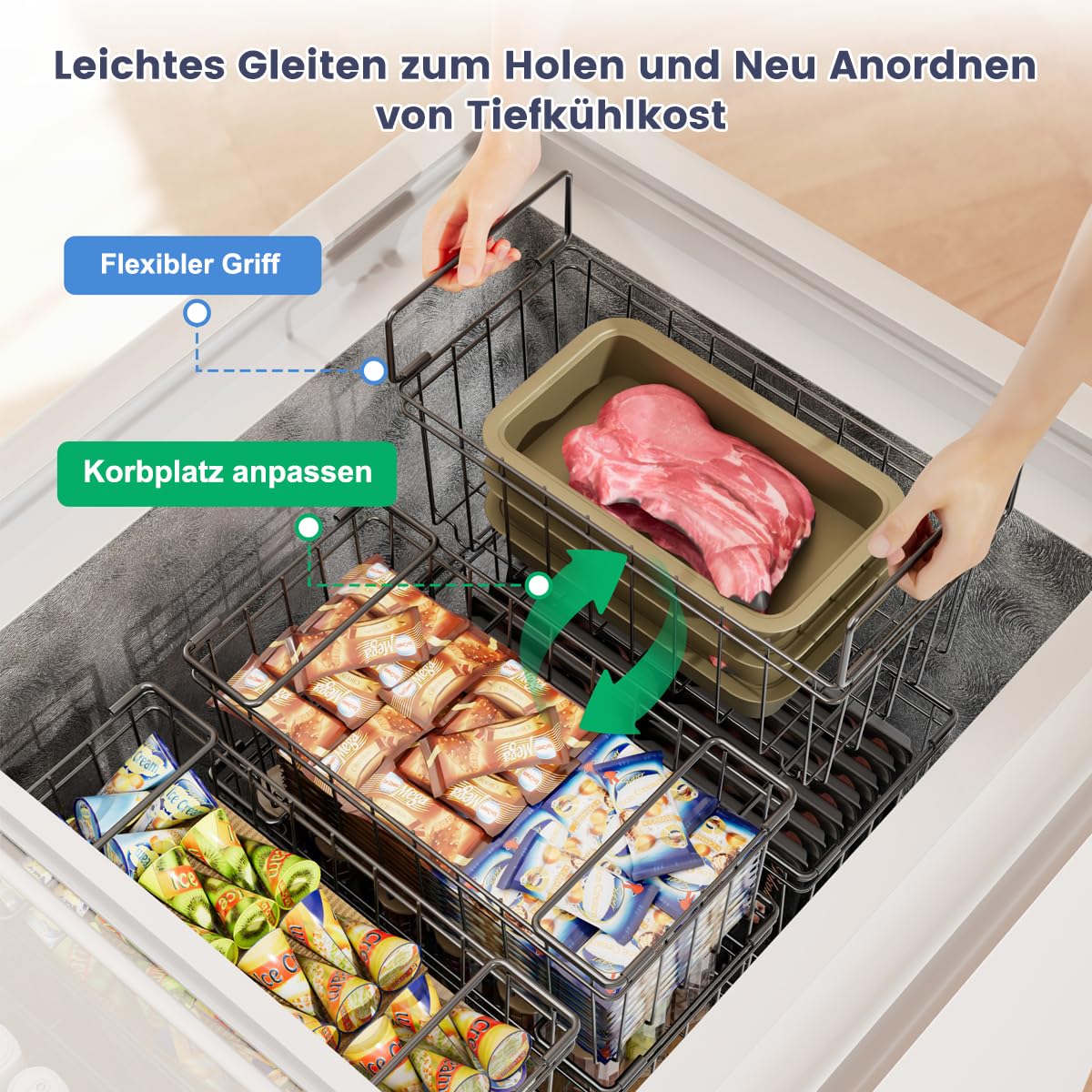 4er Stapelbar Gefrierschrank Organizer für 198L Gefriertruhen Einfacher Zugriff auf Tiefkühlkost Platz, Gefrier korganizer korb mit Griffen einfach zum Sortieren und Essen bekommen