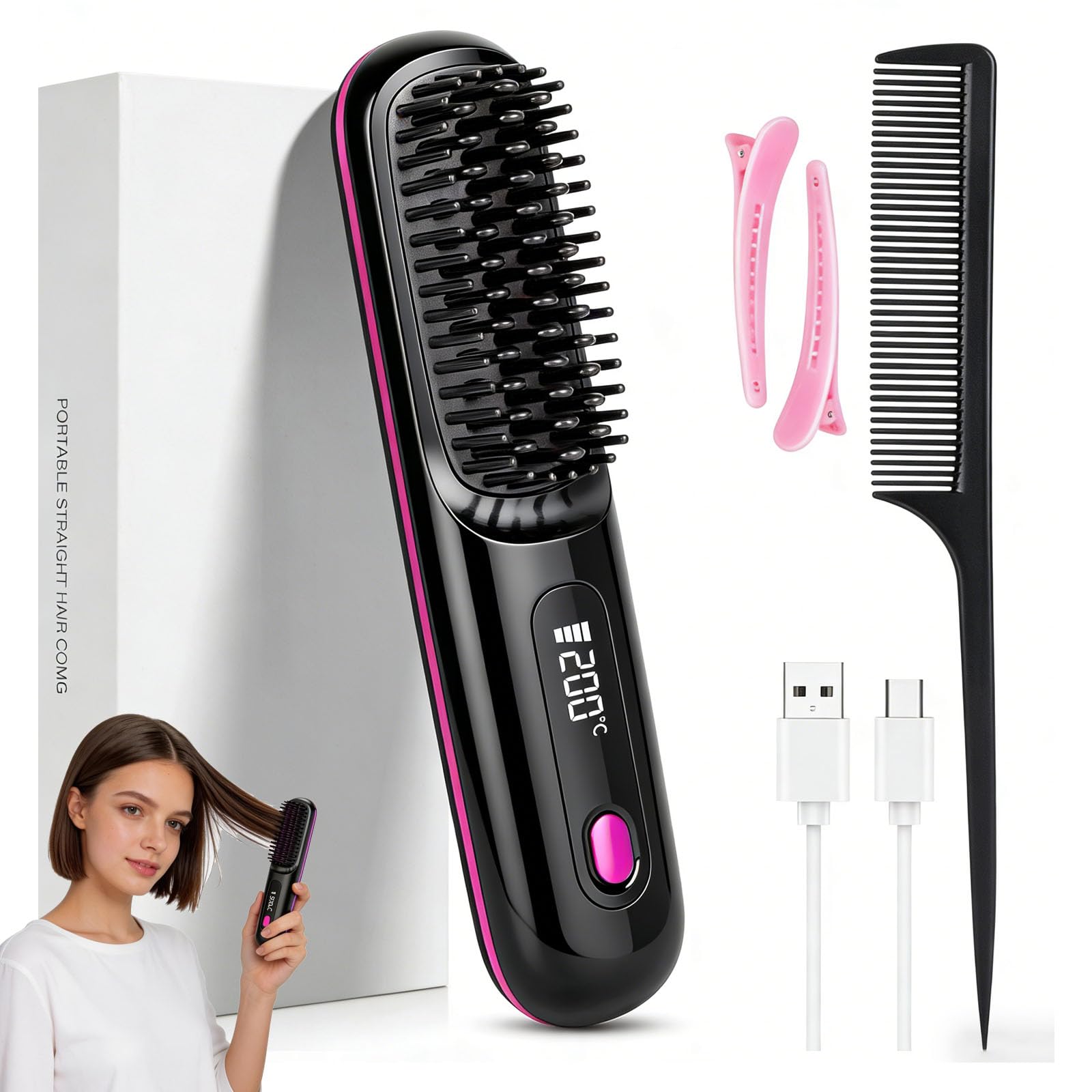 Stylingbürste,Stylingbürste Für Kurze Haare,Glättbürste Kabellos mit LED-Anzeige, Haarbürste Elektrisch, 3 Temperaturstufen, für Glattes, Lockiges und Trockenes Haar,Präzises Styling