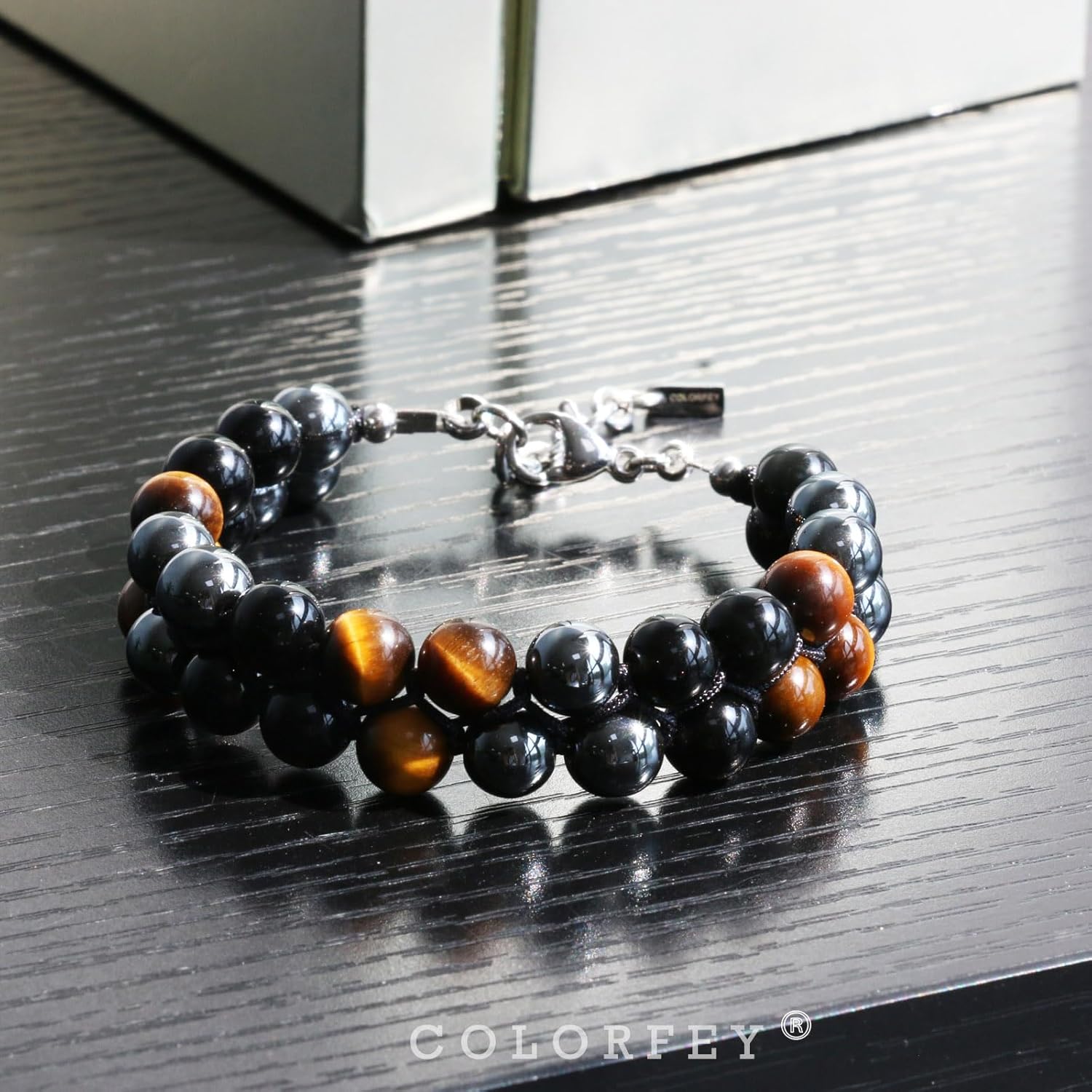 Protection Crystals Beaded Bracelet for Mens Gifts, COLORFEY Real Tiger Eye Black Onyx Stone Bracelets Precious Gemstone Bracelets 8mm, Handmade Healing Energy Crystal Bracelet 2Row for Father Husband - Image 3