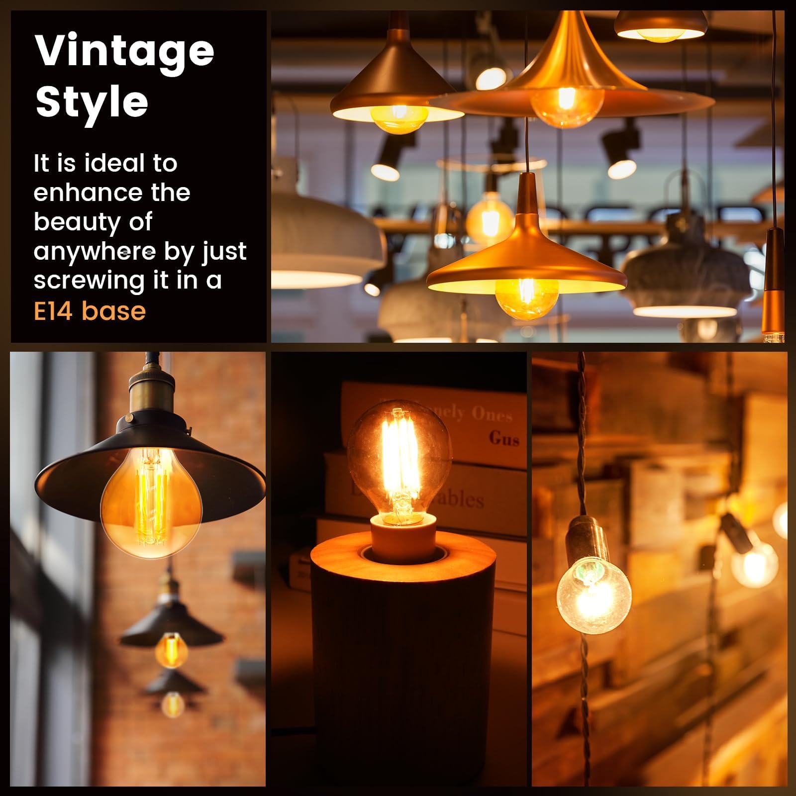 Bonlux Vintage E14 LED Light Bulb Warm White 4W Amber 2200K, Small Edison Screw Filament Bulbs, SES G45 Golf Ball Bulb - Image 3