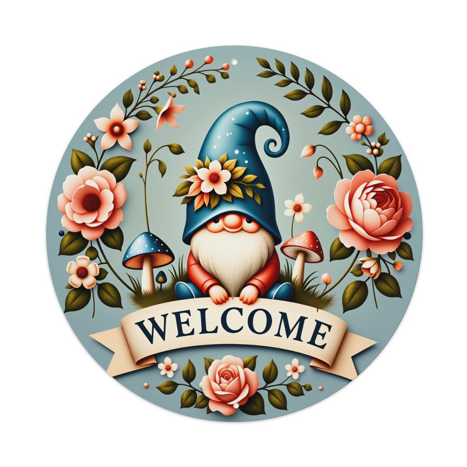 Gnome With Flowers Mushrooms And Welcome Banner Round Vintage Tin Sign,Retro Wall Art,Metal Poster for Home, Bar, Garage, Cafe, Rustic Indoor & Outdoor Decor, 8x8 Inches