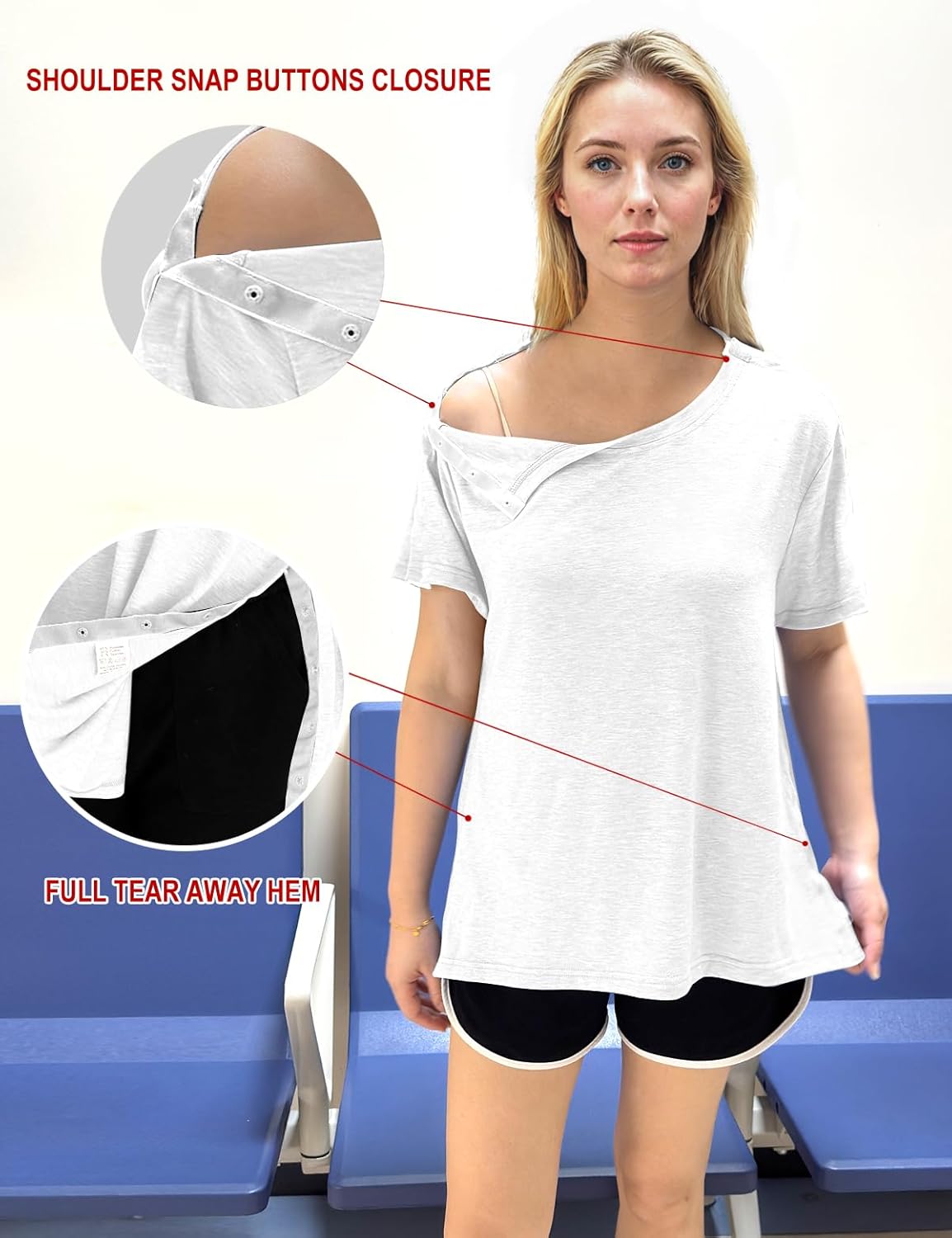 Post Shoulder Surgery Shirts for Women- Short Sleeve-Full Snap-Open Arm Shoulder Recovery Clothing Chemo Clothing - Image 5