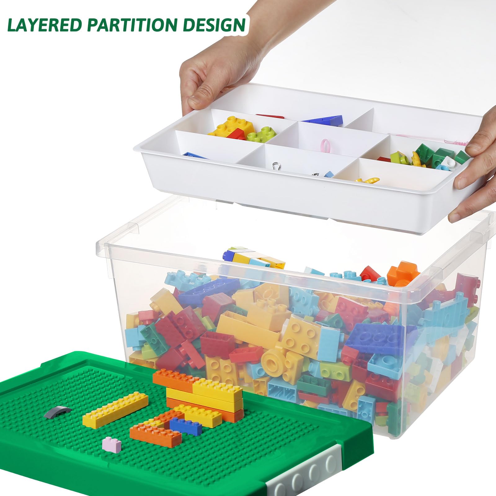 Greentainer Set di 3 contenitori portaoggetti in plastica impilabili con vassoio rimovibile, contenitori per giocattoli per bambini con coperchio per piastra di base, contenitore per mattoni da