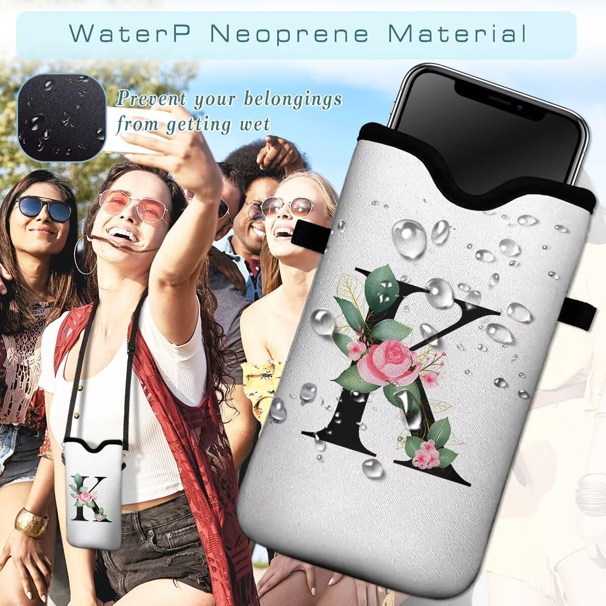 Cell Phone Sleeves Bag Case Crossbody Neoprene Holder Lanyard Phone Pouch for Women Men 7.5 X 4.5 Inches - Letter_K - Image 6