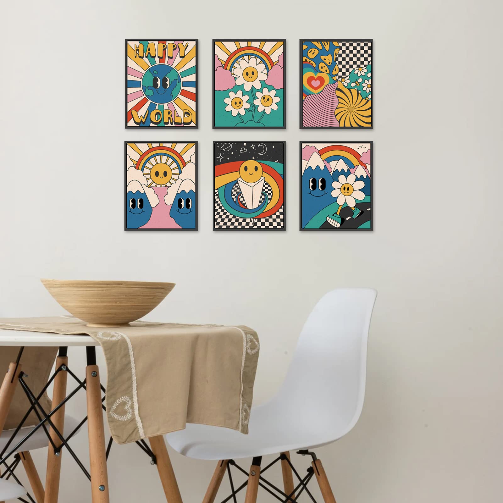 YIXIHOMPT Retro Hippie Wall Art, Bright Groovy Posters 70s