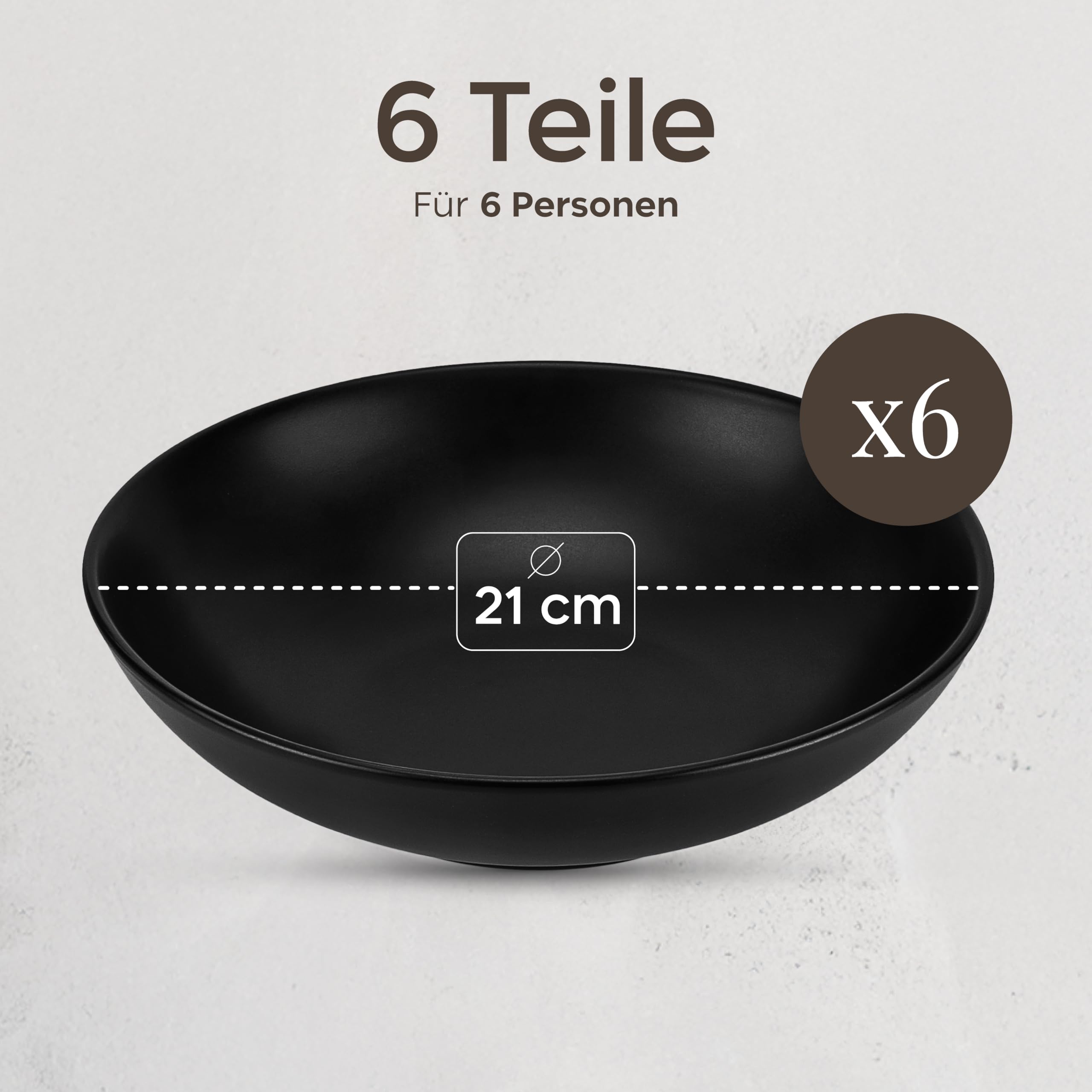 Steingut Suppenteller Set für 6 Personen - 6-teiliges Set in Matt-Schwarz, Mikrowellengeeignet, Große Tiefe Teller für Pasta und Suppe - Twinzee Ebony Collection
