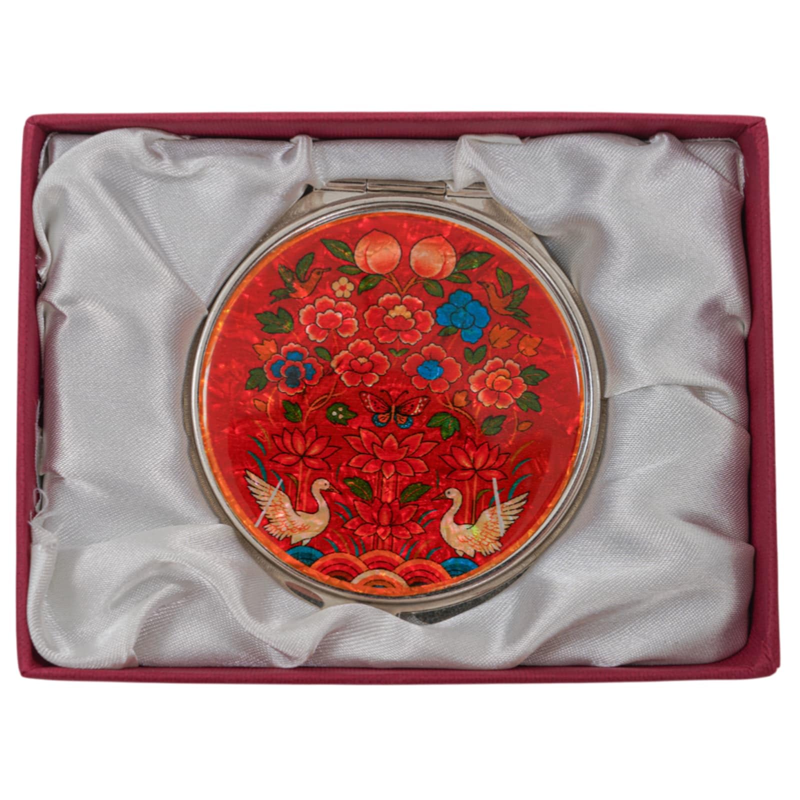 February Mountain Mother of Pearl Compact Mirror – Dual Magnification Gift for Women, Mom, Sister – Birthday or Christmas Idea (1, Red Crane Peony)