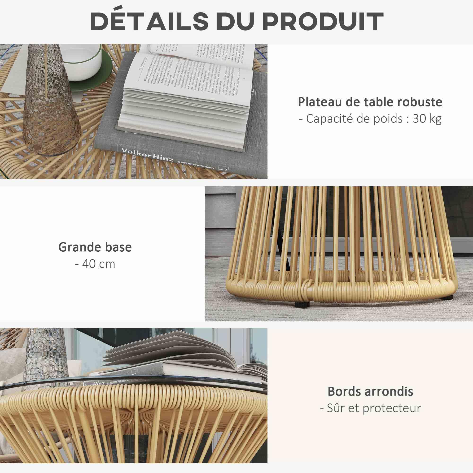 Outsunny Table de Jardin Ronde en résine tressée Imitation rotin, Plateau en Verre trempé Ø 40 cm, Beige