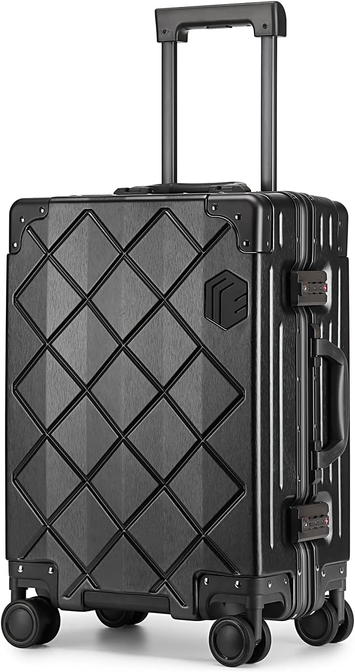 Somago Carry On Luggage with Spinner Wheels 20in Lightweight Suitcase Built in TSA Aluminum Frame PC Hardside Rolling Suitcases Travel Case (Black Silver)