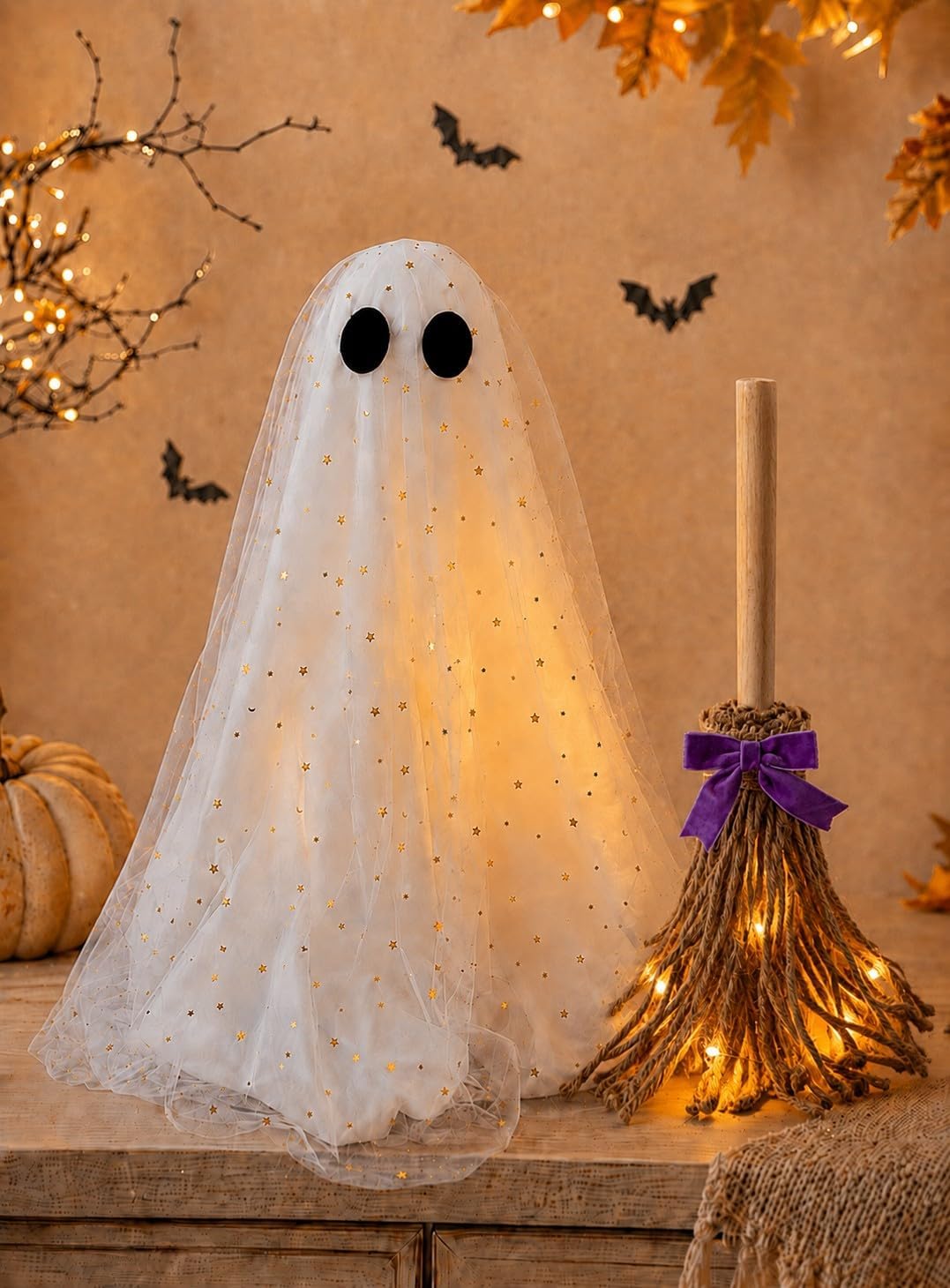 Halloween Decorations - Ghost and Witch Broom Set | Cute Fall Halloween Indoor Decor, Full Fluffy Lighted Ghost Shape, DIY Adjustable Decor , Mantel, Fireplace, Entryway