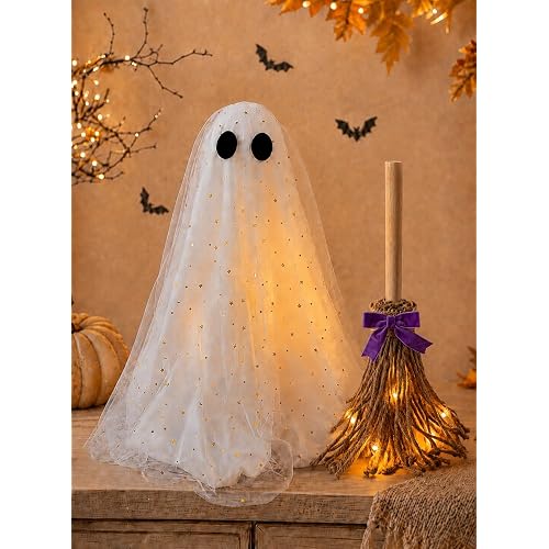 Halloween Decorations Ghost and Witch Broom Set - Full Fluffy Lighted Ghost Shape, DIY Adjustable Decor, Cute Fall Halloween Indoor Decor for Mantel, Fireplace, Entryway