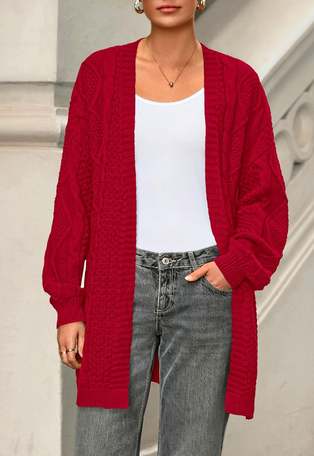 PRETTYGARDEN Women's Cable Knit Open Front Spring Sweater Lantern Long Sleeve Chunky Cardigan Sweaters Trendy Outerwear Coats - Image 2