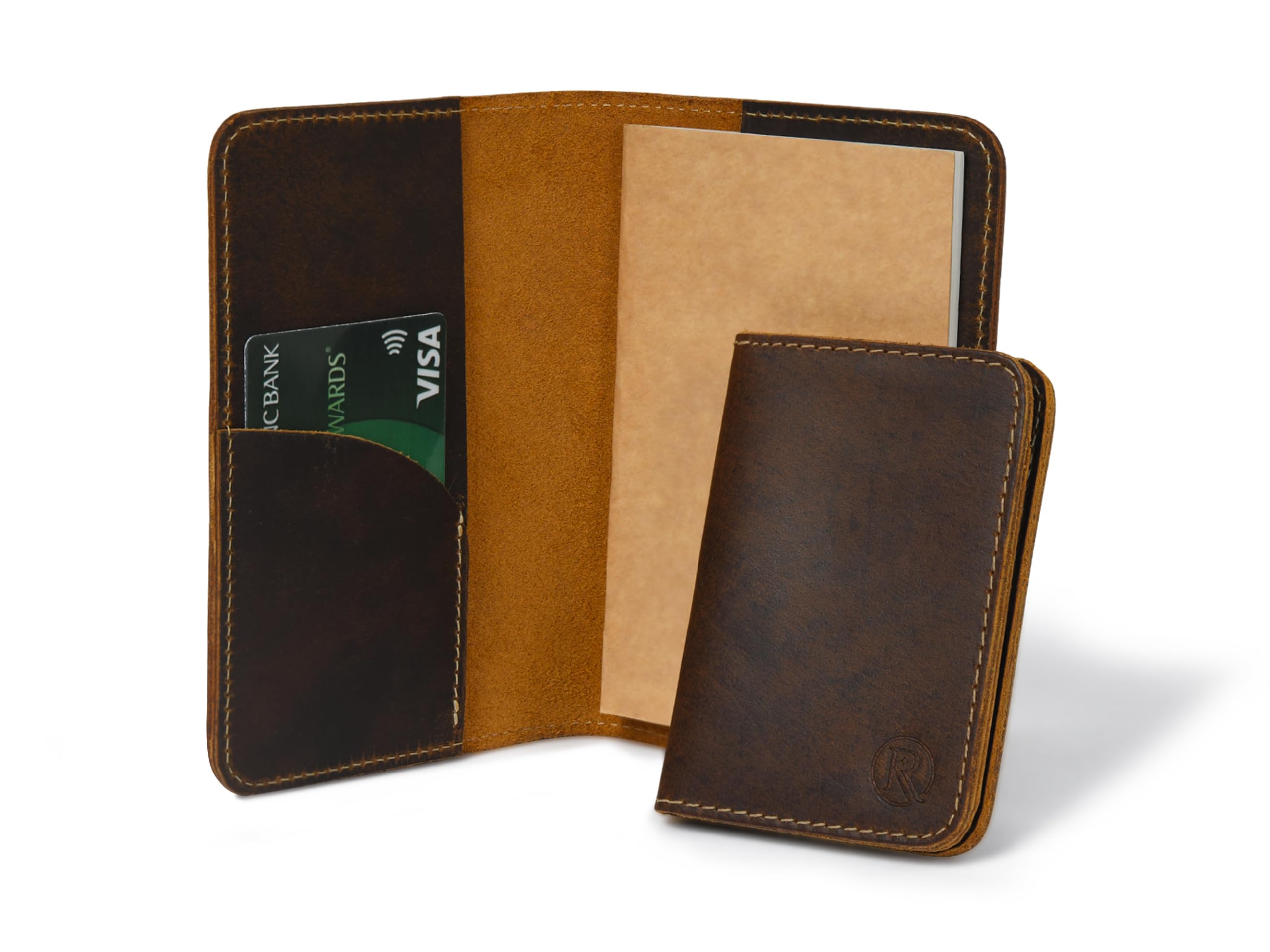 Rustique Skórzany pokrowiec na notatki polowe, z uchwytem na karty i kieszonkowym notatnikiem, do Moleskine Cahier, ręcznie robiony skórzany pokrowiec w stylu vintage, na 8,9 cm x 14 cm, brązowy,