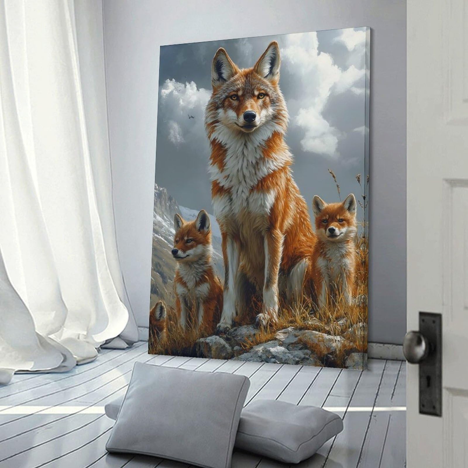 Junmoney Frame-Style Coyote Family Portrait In Mountain Landscape Decorative Canvas Print, 20X30inch(50X75cm), For Home, Office, Studio Or Guest Room, Versatile Wall Decor For Many Rooms