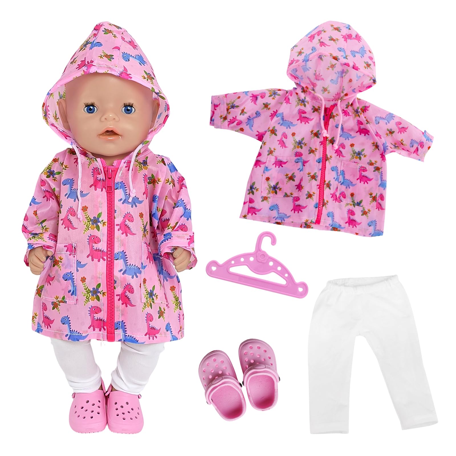 Doll Clothes 35-43 cm, 4 Pcs Doll Clothes 14-18 inch Doll Rain Outfit with Waterproof Pony Jacket Pants Shoes Hanger Doll Clothes Accessories for Baby Dolls Boys Girls Gifts(No Doll) (Pink)