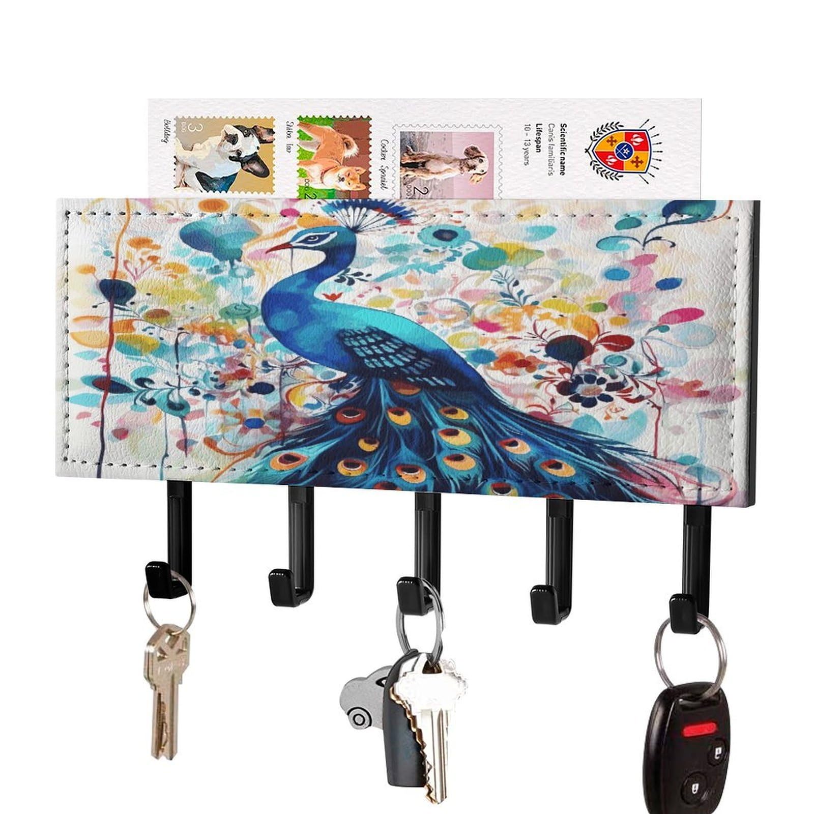 FekiLoot Color Peacock Key Holder for Wall Decorative Mail Organizer with 5 Key Hook Self Adhesive Key Rack with Tray Coat Rack Wall Mount Key Hanger Decor for Entryway Door