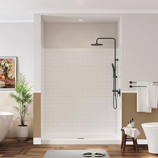 Shower Surround Wall Kit, 32D*60W*84H Inch 1/8"(3mm) Thick, Grid Surface Wall Panels for Shower Enclosure, White Tile Finish, SMC Material