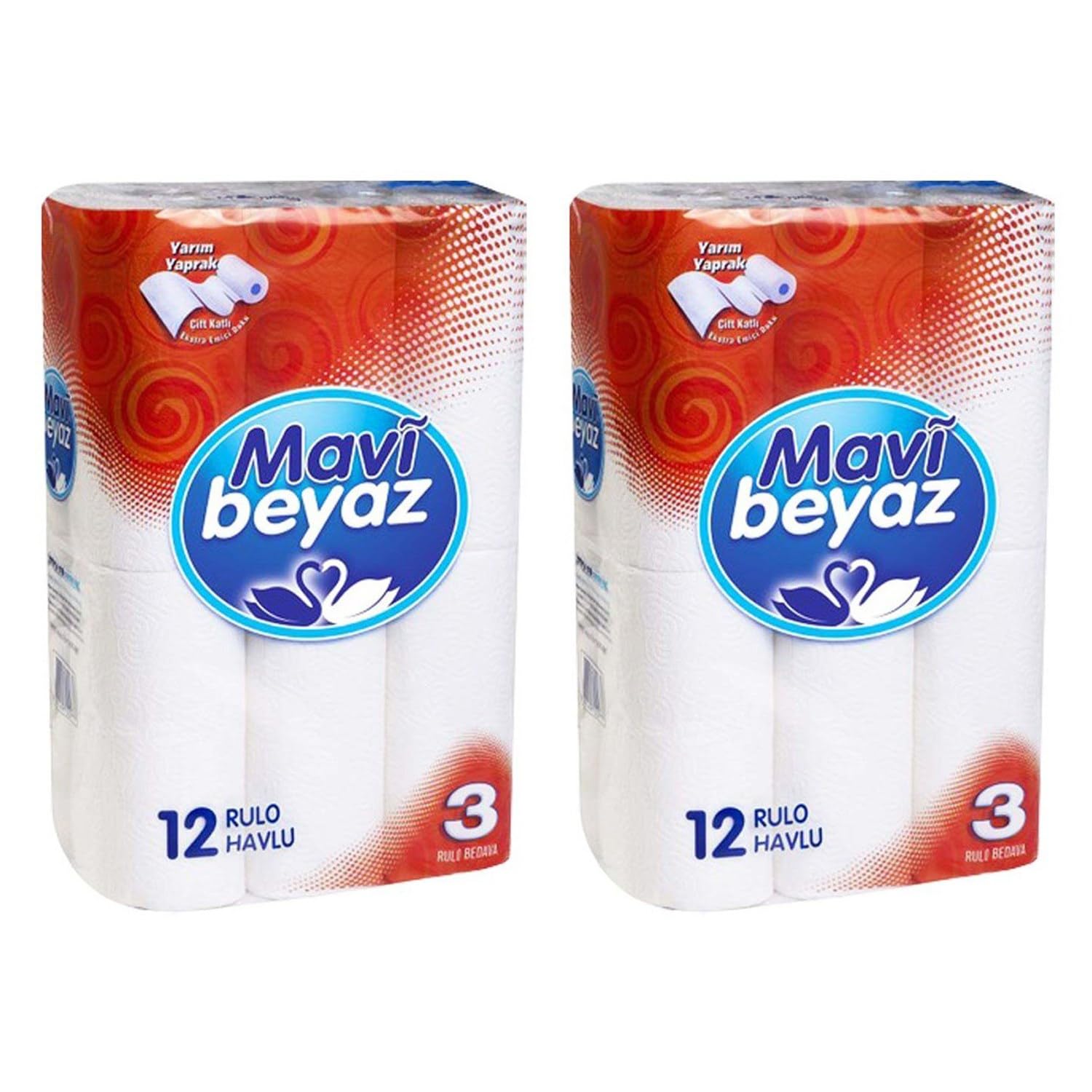 Mavi Beyaz Kağıt Havlu, 12'li Rulo, 2 Paket, Toplam 24 Rulo