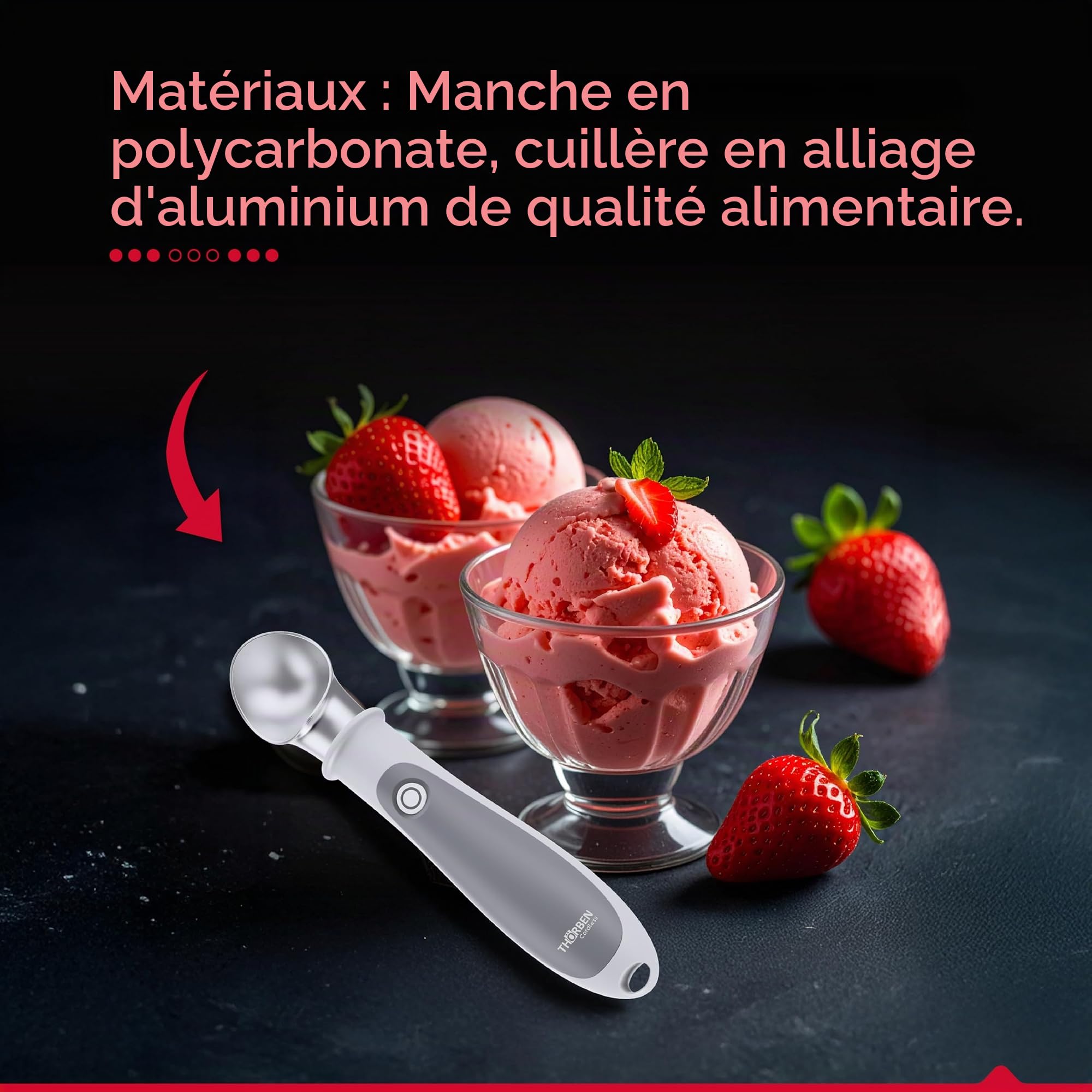 Thörben Cuillère à glace électrique chauffée, rechargeable USB-C, double niveau de chaleur 45 °C et 60 °C, pour prendre de la glace facilement et sans effort, matériaux de qualité alimentaire